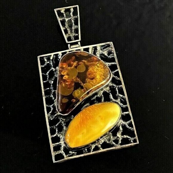 LARGE Sterling 925 Butterscotch Egg Yolk Honey Amber Brutalist Pendant Enhancer